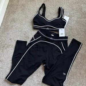 ALO Yoga Black and White Piped Sports Bra & Leggings Set